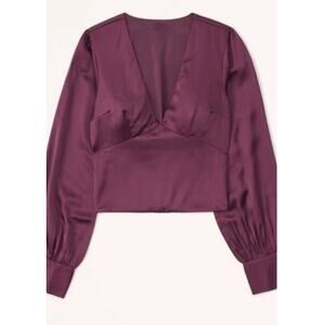 ABERCROMBIE & FITCH Women's Large Silky Satin Top Burgundy Cropped Long Sleeve